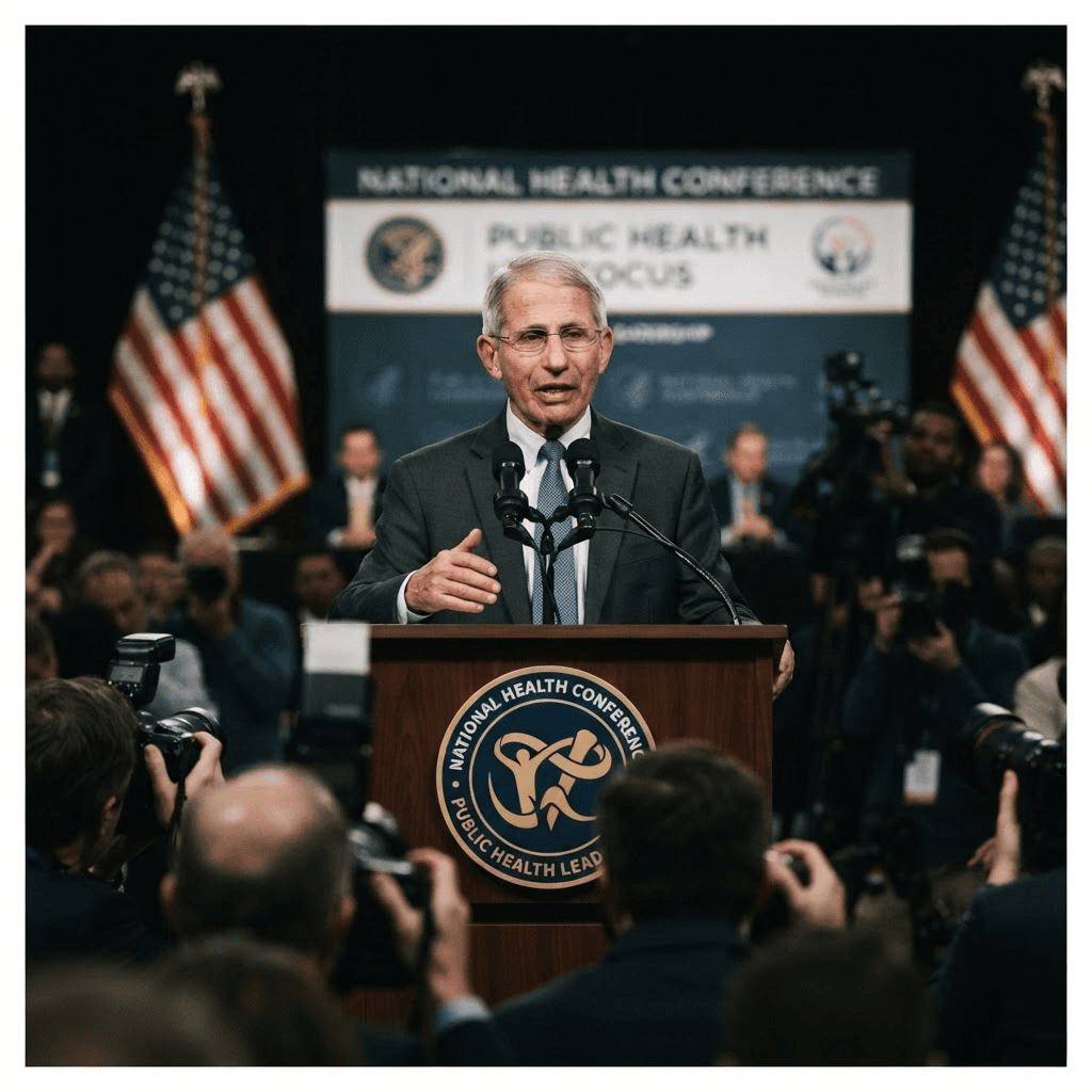 A government health official speaking at a conference podium