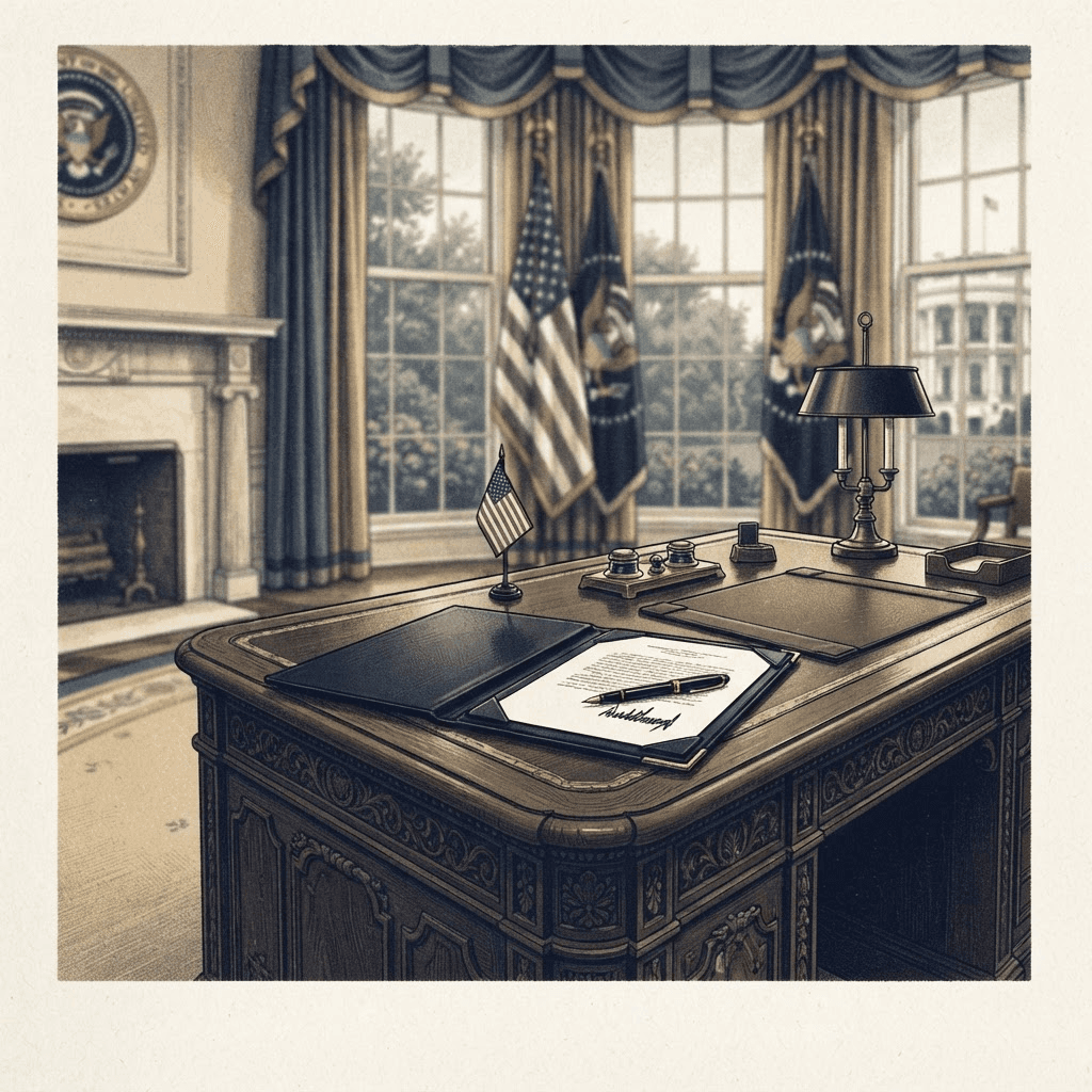 A presidential desk with a signed document, a fountain pen, and an American flag out of focus