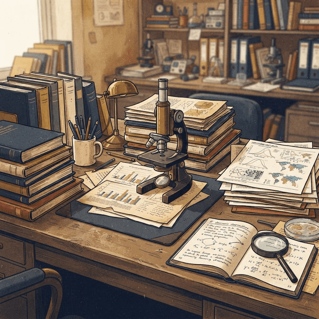 An epidemiologist's desk with stacks of journal papers and data charts