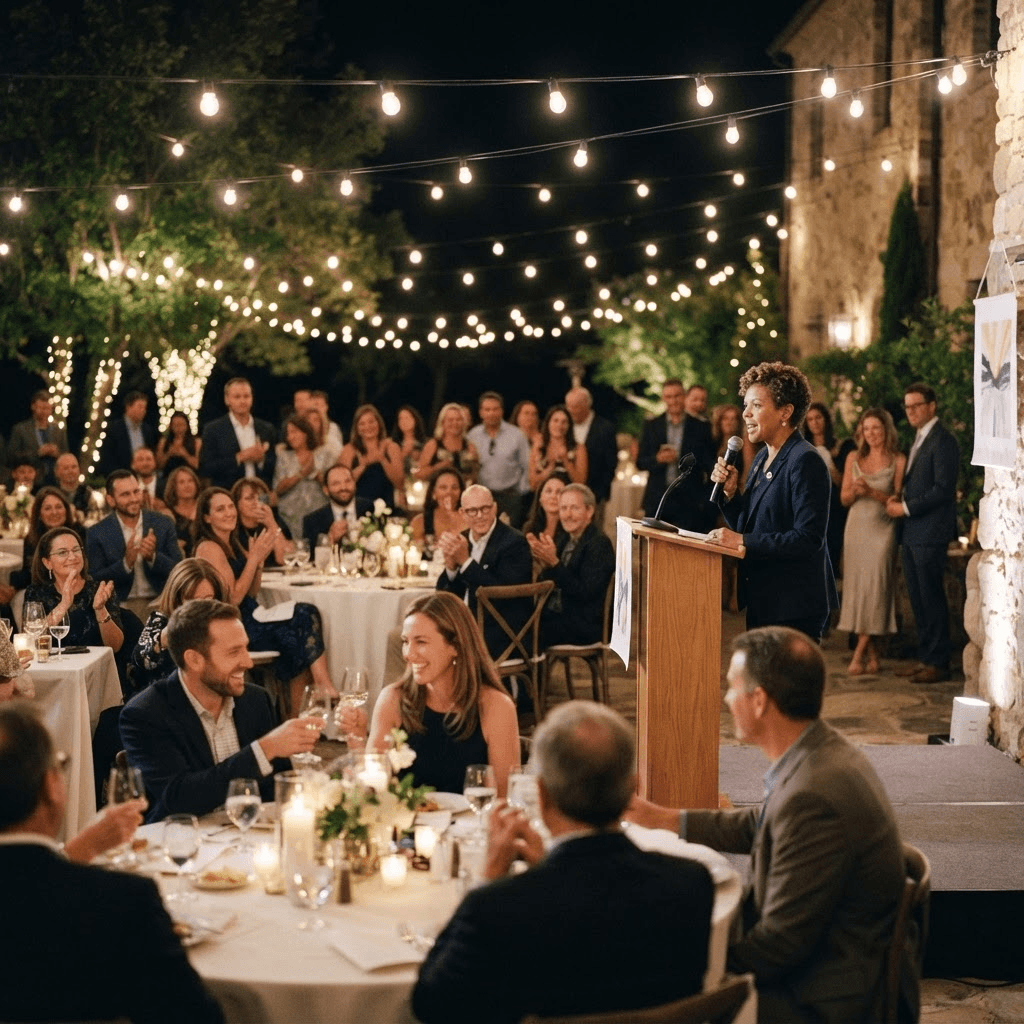 A charity fundraiser gala at night under warm string lights