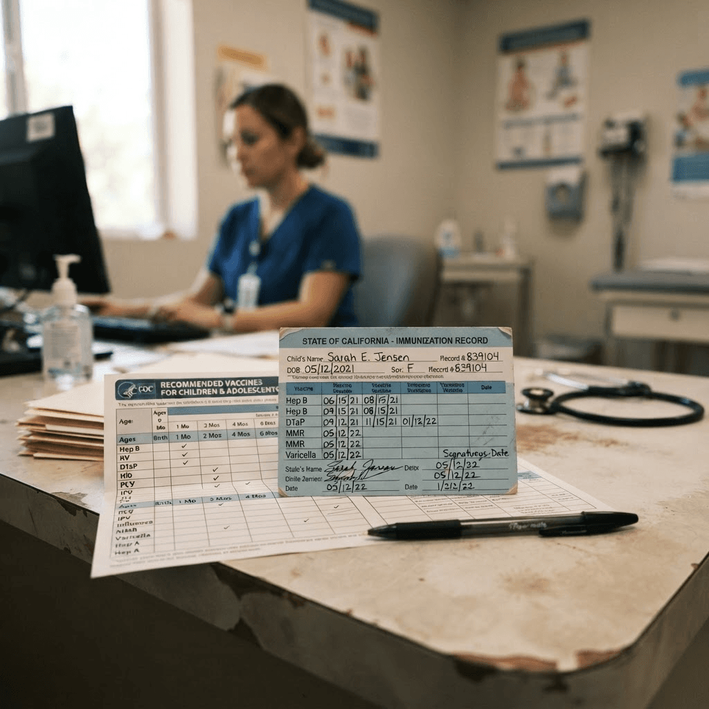 A pediatric immunization record card and vaccine schedule chart on a clinical desk