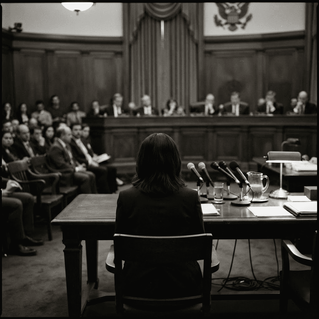A witness table before a Senate committee dais